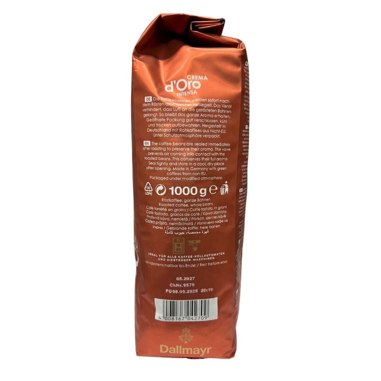 Dallmayr Crema d’Oro Intensa 1 kg – szczegółowy opis na opakowaniu w różnych językach