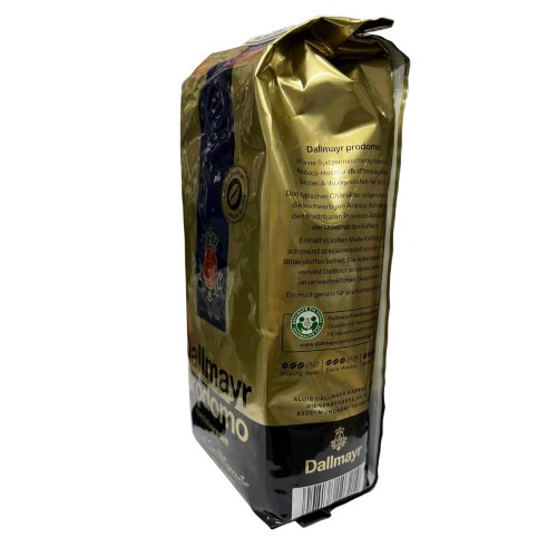 Dallmayr Prodomo 500 g – bok opakowania z opisem producenta i informacjami o kawie