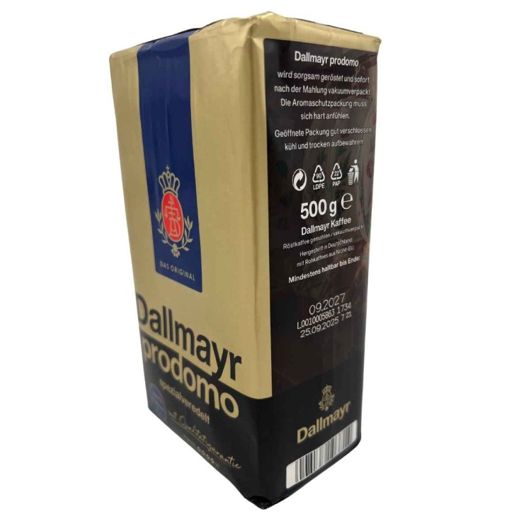 Dallmayr Prodomo 500 g – bok opakowania z opisem kawy mielonej