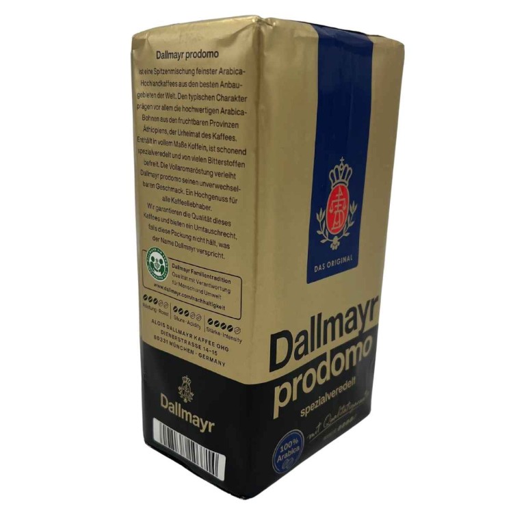 Oryginalna kawa mielona Dallmayr Prodomo 500 g – informacje o produkcie na opakowaniu