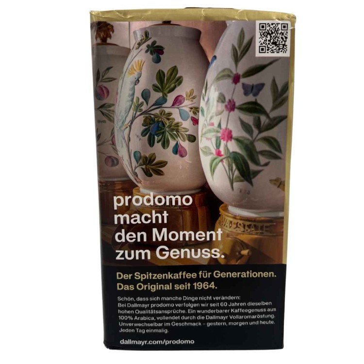 Dallmayr Prodomo 500 g – tył opakowania z kodem EAN i szczegółami producenta