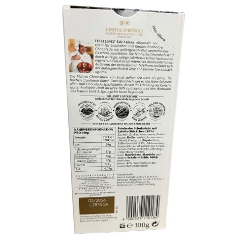 lindt excellence salz lakritz 100 g czekolada gorzka z solą i lukrecją tył opakowania