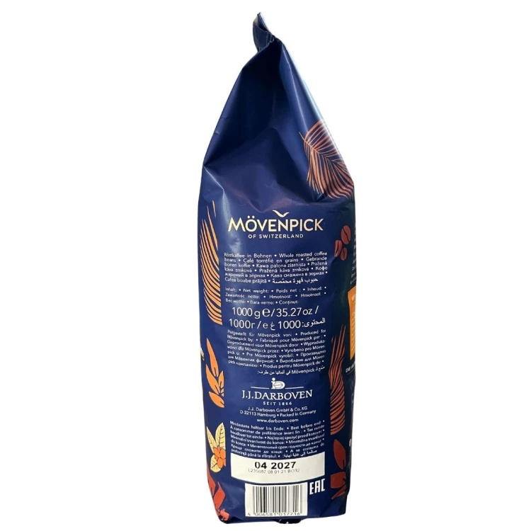 Mövenpick Caffè Crema kawa ziarnista 1 kg – bok opakowania z informacją o producencie