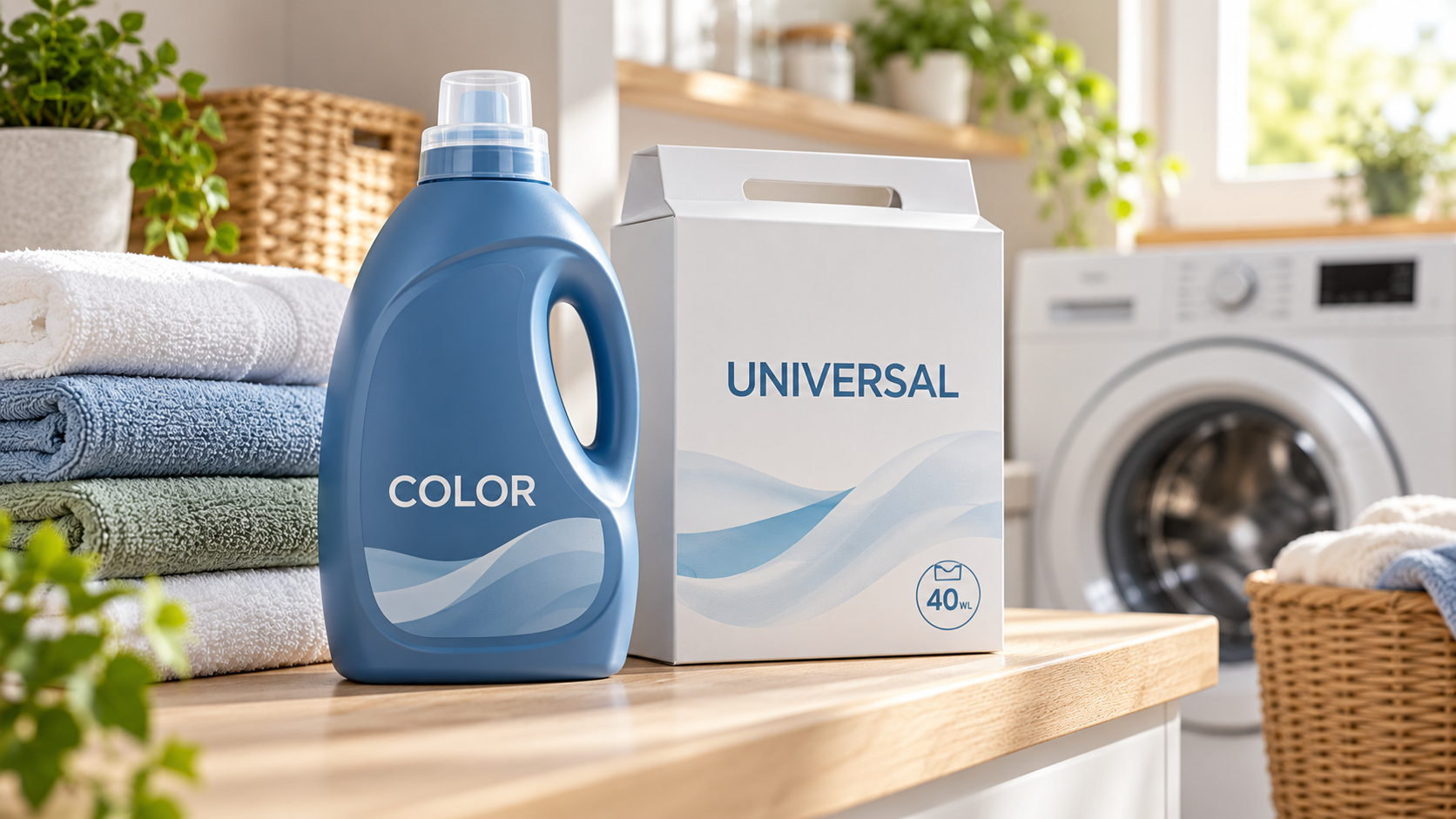 Opakowania środków do prania z oznaczeniami Color, Universal i 40 WL obok ręczników i pralki.
